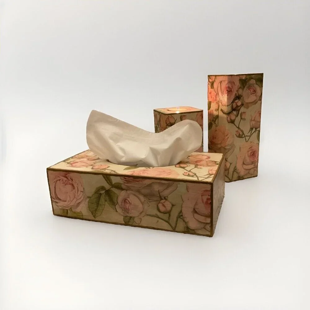 Handmade Wooden Pink Rose Candle Holders And Refillable Tissue Box Set - Picture 4 of 5